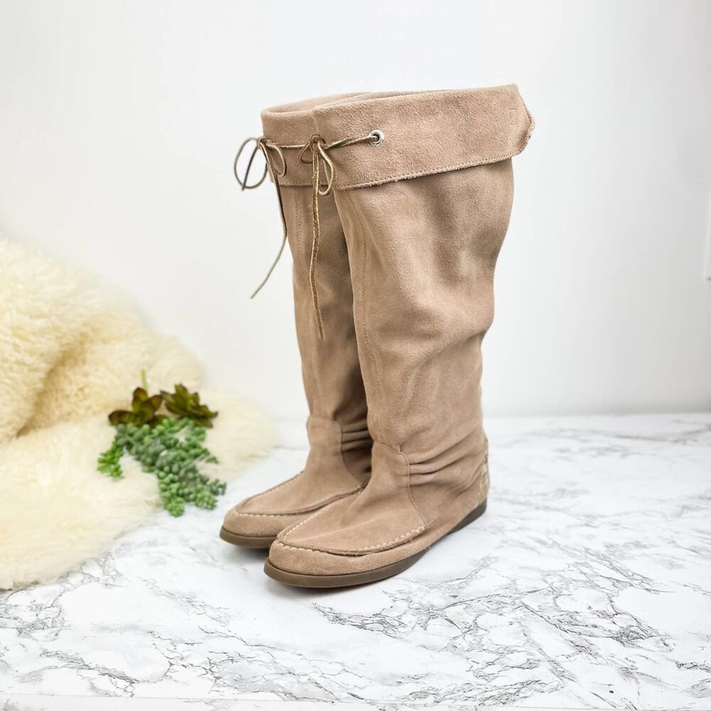Sperry Top Sider Longpoint Tan Suede Leather Plaid Knee High Moccasin Boots Sz 8